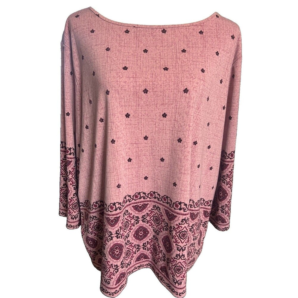 Liz Claiborne Womens 3X Paisley Purple Pullover Tunic 3/4 Sleeves Boho Top